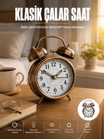 Karg Metal Bronz Nostaljik Masa Saati Alarmlı Büyük Boy Sessiz Mekanizmalı Najmaddin