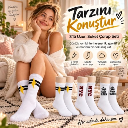 Beru Kadın Spor Çorap Beyaz Yazılı 3'lü Set Uzun Soket Pamuklu Dikişsiz Nefes Alan Spor Konforlu Çoraplar Najmaddin