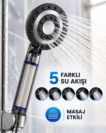 Karg Siyah Filtreli Duş Başlığı 5 Farklı Su Akışı Masaj Etkili Klor Ve Kireç Filtreleme Najmaddin