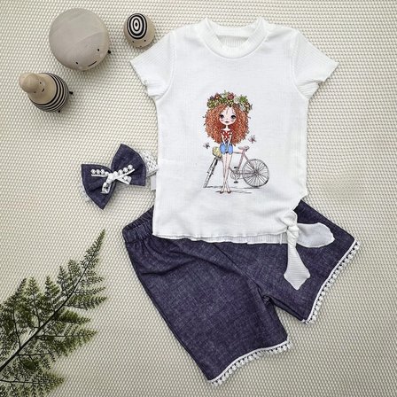 Baby 1-2-3 Yaş Bisikletli Kız Baskılı Bandanalı Kot Desenli Şort Kısa Kollu Tişört 3lü Kız Bebek Takımı Lacivert Najmaddin