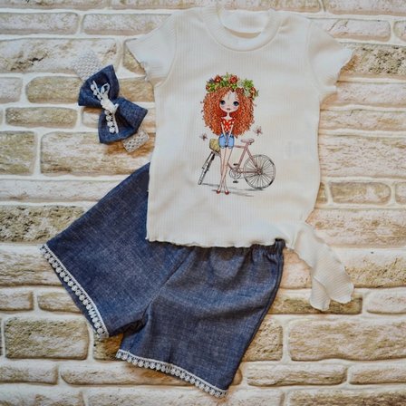 Baby 1-2-3 Yaş Bisikletli Kız Baskılı Bandanalı Kot Desenli Şort Kısa Kollu Tişört 3lü Kız Bebek Takımı Lacivert Najmaddin