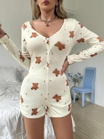 Beru Pamuklu Ekru Ayıcık Desenli Düğmeli Tulum Pijama Najmaddin