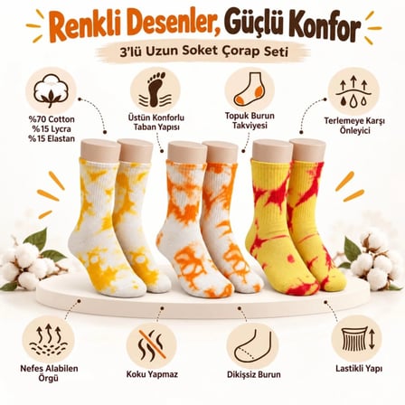 Beru Unisex Batik Desenli Çorap 3'lü Set Pamuklu Renkli Uzun Soket Dikişsiz Nefes Alan Günlük Spor Çorabı Najmaddin