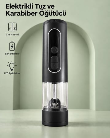 Karg Çift Hazneli Şarj Edilebilir Elektrikli Tuz Ve Karabiber Öğütücü Siyah Najmaddin