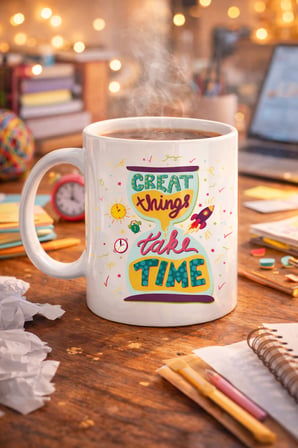 Bez Great Things Take Time Porselen Kupa MODEL 130 – Motivasyon Mesajlı Renkli Kupa, İlham Veren Kahve & Çay Kupası Najmaddin