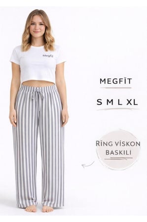 Beru Viskon Pamuklu Kadın Açık Gri Çizgili Pijama Pantolon - Mg006 - Najmaddin