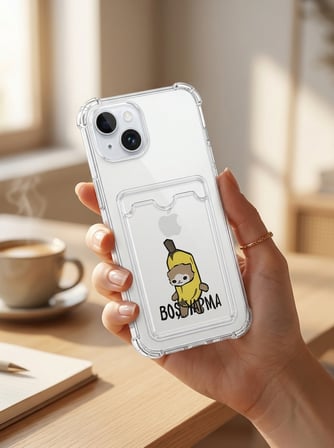 Hepsi iPhone 15 Boş Yapma Muz Detaylı Kart Bölmeli Şeffaf Telefon Kılıfı Najmaddin