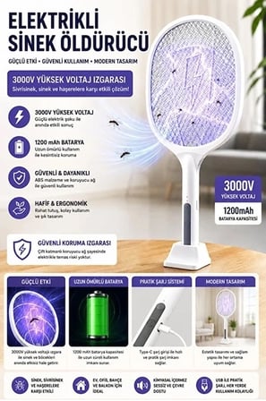 Karg Şarjlı Sinek Öldürücü Sivrisinek Raketi Elektrikli Karasinek Haşere Kovucu Mor Işıklı Sineklik Aleti Najmaddin