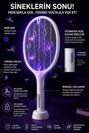 Karg Şarjlı Sinek Öldürücü Sivrisinek Raketi Elektrikli Karasinek Haşere Kovucu Mor Işıklı Sineklik Aleti Najmaddin