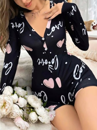 Beru Kadın Siyah Kalp Desenli Love Yazılı Pijama Tulumu Yumuşak Rahat Ev Giyimi Özel Tasarım Najmaddin