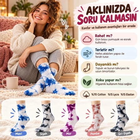 Beru Unisex Batik Desenli Çorap 5'li Set Pamuklu Renkli Uzun Soket Dikişsiz Nefes Alan Günlük Spor Çorabı Najmaddin