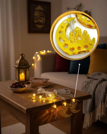 Mey Mey İthalat Pilli Minareli Hilal LED Işık Gold Metal Ramazan Dekorasyonu Najmaddin
