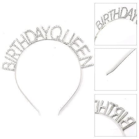 Tedar Gümüş Renk Kristal Taşlı Parlak Birthday Queen Yazılı Kraliçe Taç 16x17 Cm Najmaddin