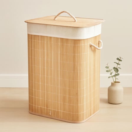 Tedar Bambu Kirli Çamaşır Sepeti 40x30x60 cm - Kapaklı İpli Kumaş Torbalı Najmaddin