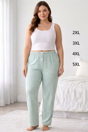 Beru Viskon Pamuklu Kadın Büyük Beden Açık Gri Desenli Pijama Pantolon - Brf008 - Najmaddin