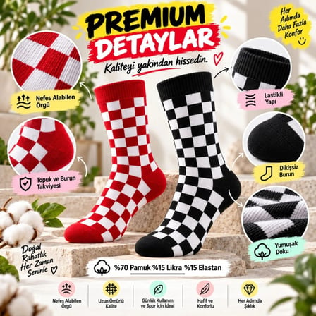 Beru Unisex Çorap Dama Desenli Renkli 14'lü Set Kareli Alev Desenli Uzun Soket Günlük Spor Çorabı Najmaddin
