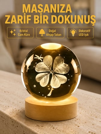 Karg Bitki Temalı Led Işıklı Cam Küre Ahşap Standlı Modern Gece Lambası Najmaddin
