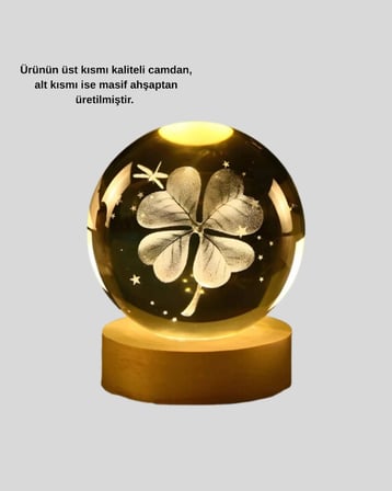Karg Bitki Temalı Led Işıklı Cam Küre Ahşap Standlı Modern Gece Lambası Najmaddin