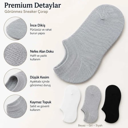 Beru Erkek Geri Dönüşüm İplikli 12’li Görünmez Sneaker Çorap, İnce Dikişli, Nefes Alan Yazlık Babet Çorabı, Kaymaz Topuklu Siyah Gri Beyaz Najmaddin
