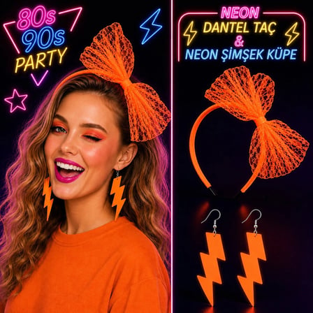 Mey Mey İthalat Neon Turuncu Dantel Taç ve Şimşek Küpe 80&amp;#39;ler 90&amp;#39;lar Parti Seti Najmaddin