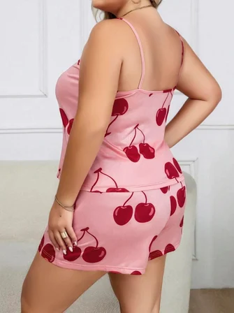 Beru Büyük Beden Pembe Kiraz Desen İnce Askılı Pamuklu Şortlu Pijama Takımı Najmaddin