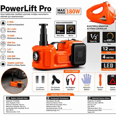 Hepsi EZERE PowerLift Pro 5 Ton Çok Fonksiyonlu Elektrikli Hidrolik Kriko Lift Kaldırma / Kompresör / Bijon Sökme / LED Işık-(5775) Najmaddin