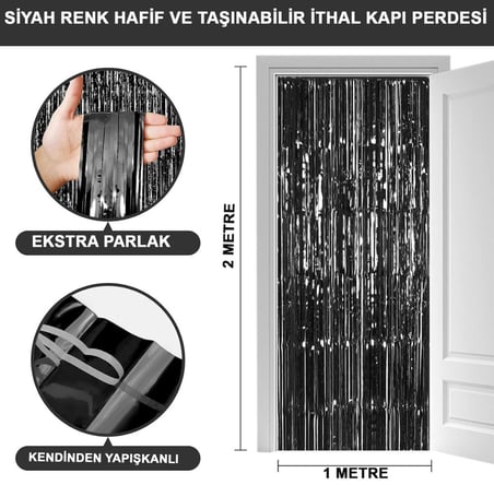 Ticaret Siyah Renk Ekstra Metalize Parlak Saçaklı Arka Fon Perde İthal A Kalite 1x2 Metre NessiWorld Najmaddin