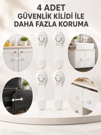 Hepsi 4'lü Esnek Kayışlı Çocuk Güvenlik Kilidi Pratik ve Güvenli Kullanım Najmaddin