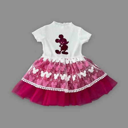 Baby 1-2-3 Yaş Payetli Mickey Baskılı Brode Etekli Kız Bebek Elbisesi Fuşya Najmaddin
