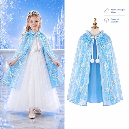 Tedar Kar Tanesi Desenli Mavi Elsa Pelerini - Astarlı Frozen Pelerini 85 Cm Najmaddin