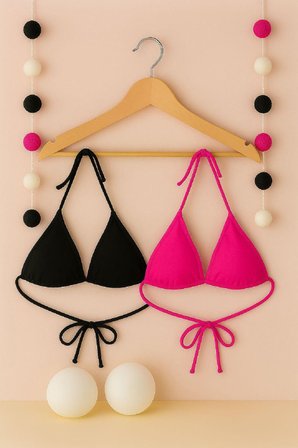 Beru Kadın Siyah Ve Fuşya Minimal Kesim Üçgen Bikini Üstü Najmaddin