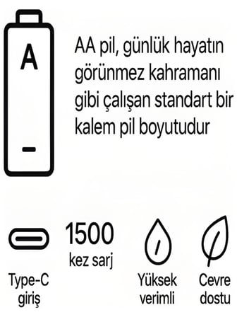MEPA Najmaddin Type-c Şarjlı 2800mwh 1.5v Şarj Edilebilir 2’li Aa5 Kalem Pil - Lityum Iyon Batarya Najmaddin