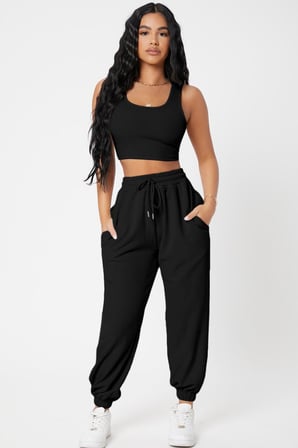 Beru Kadın Siyah Kaşkorse Cepli Jogger Eşofman Altı Ve Crop Top Bluz Najmaddin