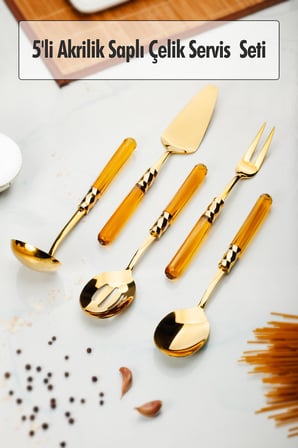 Bez 5 Parça Gold Servis Seti & Servis Sunum Seti Amber ( Kepçe / Kevgir / Sıpatula / Çatal / Kaşık ) Najmaddin