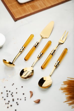 Bez 5 Parça Gold Servis Seti & Servis Sunum Seti Amber ( Kepçe / Kevgir / Sıpatula / Çatal / Kaşık ) Najmaddin