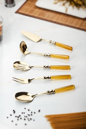 Bez 5 Parça Gold Servis Seti & Servis Sunum Seti Amber ( Kepçe / Kevgir / Sıpatula / Çatal / Kaşık ) Najmaddin