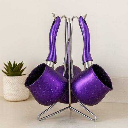 Tedar Granit Çelik Cezve Seti 4'lü (230/280/380 ml) Metal Standlı Najmaddin