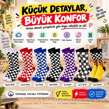 Beru Unisex Çorap Dama Desenli Renkli 7'li Set Kareli Alev Desen Uzun Soket Günlük Spor Çorabı Najmaddin