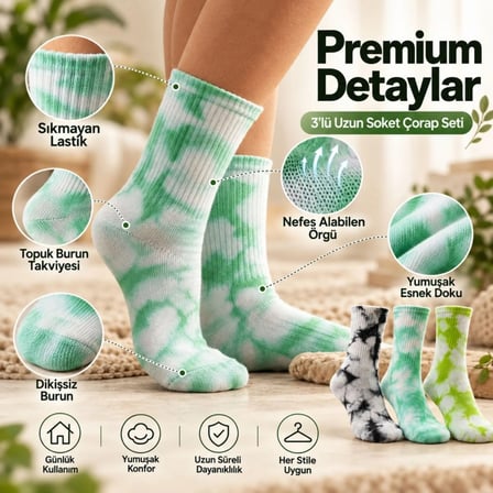 Beru Unisex Batik Desenli Çorap 3'lü Set Renkli Pamuklu Uzun Soket Dikişsiz Nefes Alan Günlük Spor Çorabı Najmaddin