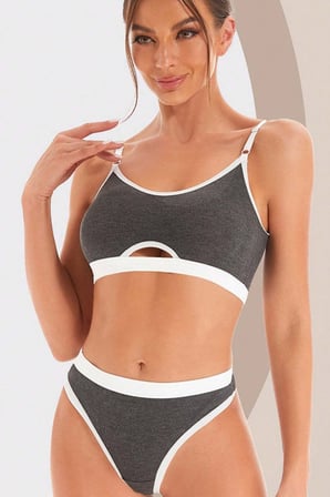 Beru Kadın Gri Antrasit Kaşkorse Ve Beyaz Lastikli Cut-out Tanga Külotlu Takım Najmaddin