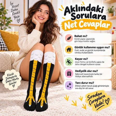 Beru Kadın Diz Üstü Tavuk Ayağı Desenli Çorap Siyah Sarı Uzun Eğlenceli Kostüm Parti Günlük Çorabı Modeli Najmaddin
