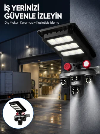 Hepsi Solar Panelli 3 Lens Dış Mekan Güvenlik Kamerası Hareket Algılamalı LED Aydınlatmalı Najmaddin