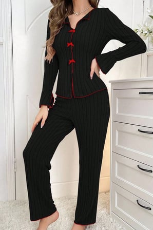 Beru Kadın Siyah Kırmızı Biyeli Ve Fiyonklu Uzun Kollu Mevsimlik Pijama Takımı Najmaddin