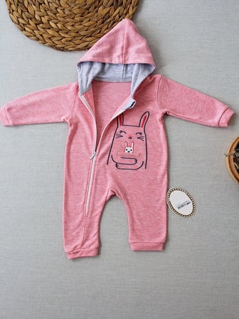 Baby 6-9 9-12 Ay Ef Çizgi Boy Fermuarlı Tavşan Nakışlı Kapşonlu Kız Erkek Bebek Tulumu Pembe Najmaddin