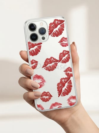 Hepsi iPhone 13 Pro Max Kırmızı Dudak / Öpücük Desenli Şeffaf Telefon Kılıfı Najmaddin