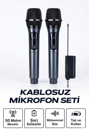 Tedar Profesyonel Çiftli Kablosuz Mikrofon Seti Karaoke Şarj Edilebilir 50 Metre Najmaddin