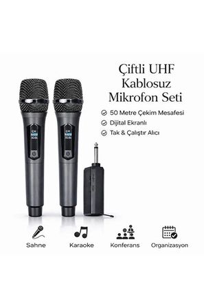 Tedar Profesyonel Çiftli Kablosuz Mikrofon Seti Karaoke Şarj Edilebilir 50 Metre Najmaddin