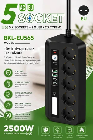 Karg 5’li Akım Korumalı Priz 2500w | 2 Usb + 2 Type-c Hızlı Şarj | Led Gece Lambalı | Dokunmatik Siyah Najmaddin