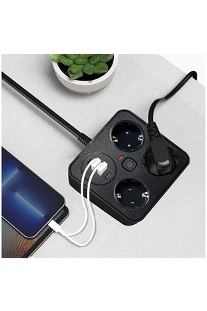 Karg Akım Korumalı Anahtarlı Priz - 3x Priz - 2x Usb - 2x Type-c - 2 Mt Kablo Hızlı Şarj Özellikli Siyah Najmaddin