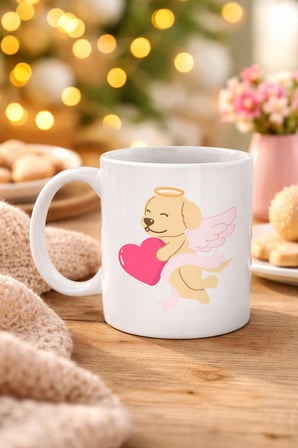 Bez Melek Golden Retriever Köpek Tasarımlı Porselen Kupa MODEL 55 – Kalpli, Sevgiliye Özel, Sevimli Hediye Kupa Najmaddin